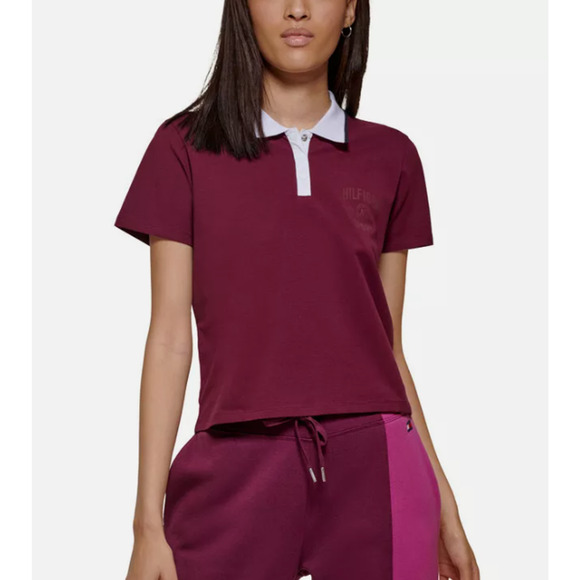 TOMMY HILFIGER SPORT Cropped Polo Shirt Medium Purple Crushed Grape NWT - Picture 2 of 10